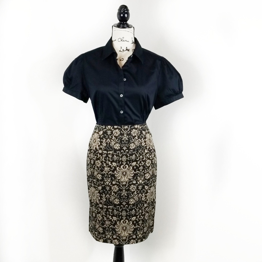 TALBOTS ▪ Damask Print Black n Gold Pencil Skirt, Size 8 Petite